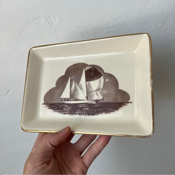 Vintage MCM Sailboat trinket dish decorative plate gilded Delano Studios 1965 - Picture 15 of 15